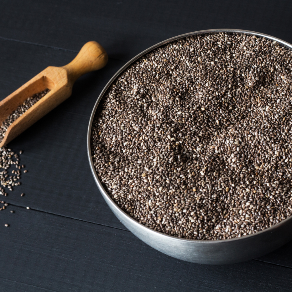 image of chia seeds in a bowl and scooper