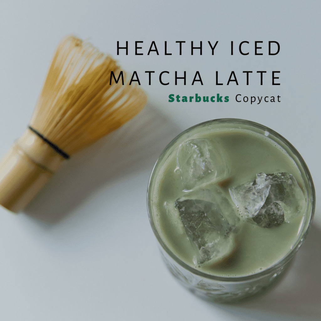 Iced Healthy Matcha Latte (Starbucks Copycat) image of Iced Matcha Latte in a glass with matcha whiisk