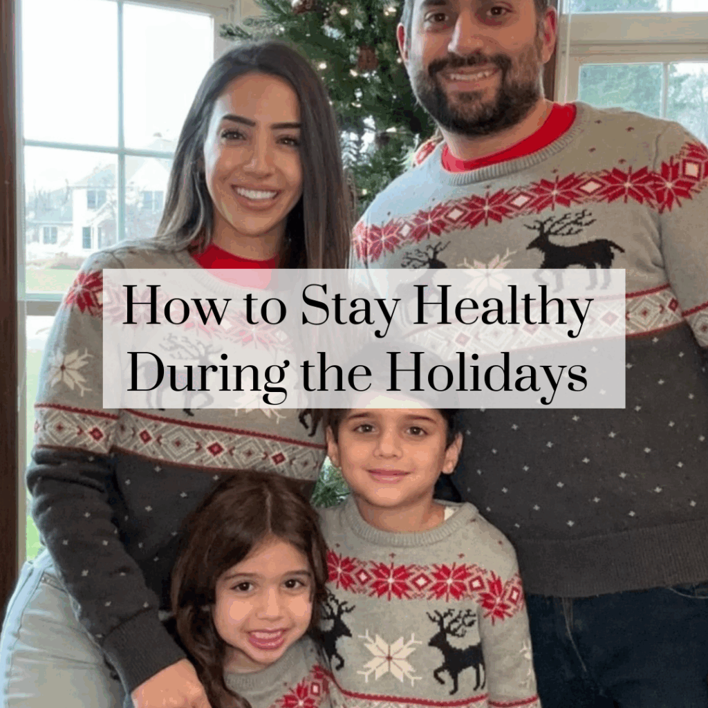 Family enjoying a balanced healthy meal during the holidays to stay healthy and energized