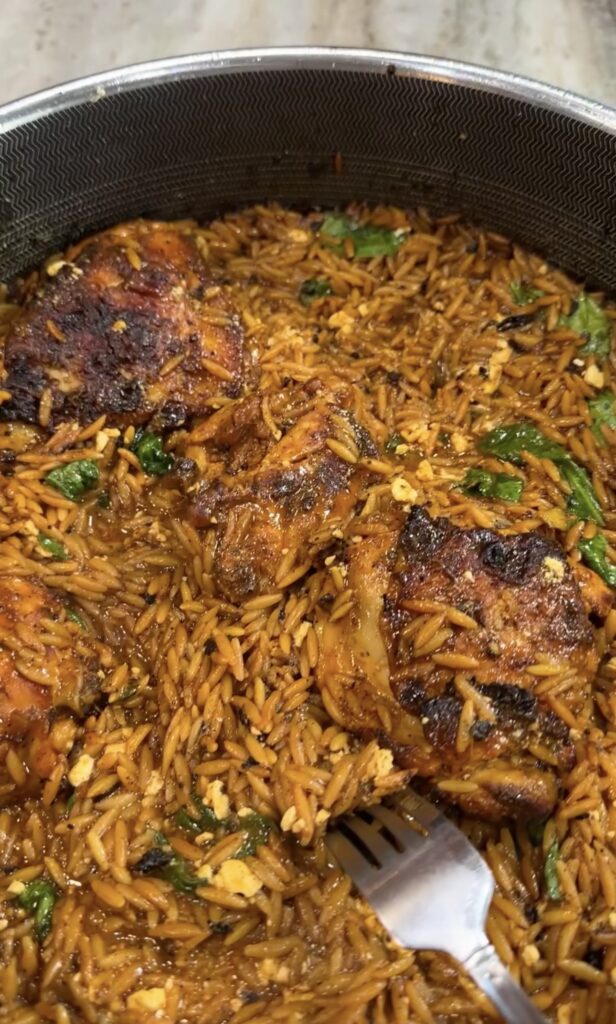 One-Pan Greek Chicken and Chickpea Orzo with spinach and parmesan, a healthy and easy Sunday meal prep dinner