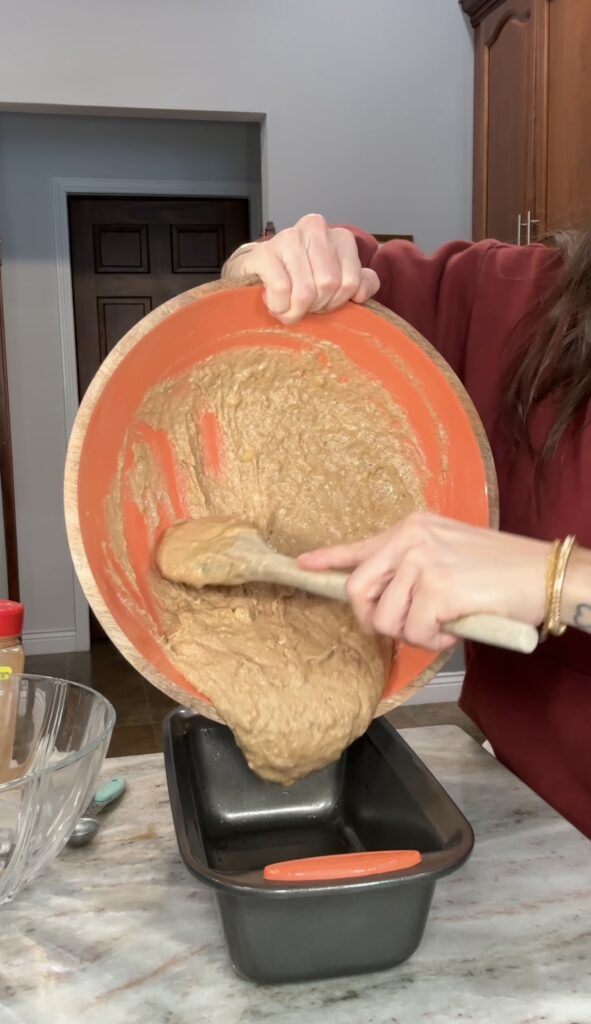 One-bowl whole wheat banana bread batter mixed until just combined