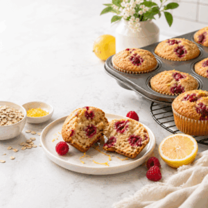Healthy lemon raspberry muffins made with Greek yogurt, whole wheat flour, oats, and fresh raspberries.