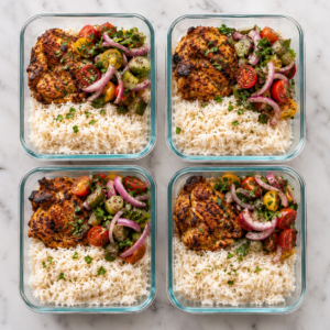 Chicken shawarma rice bowls with rice and Mediterranean salad