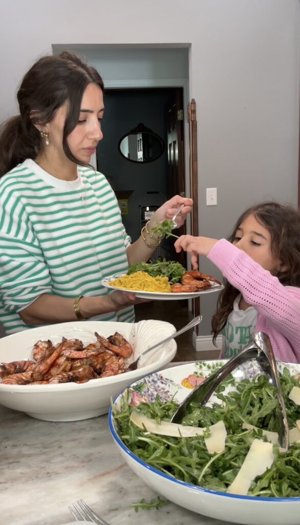 Grilled shrimp with yellow rice and arugula salad for an easy summer dinner