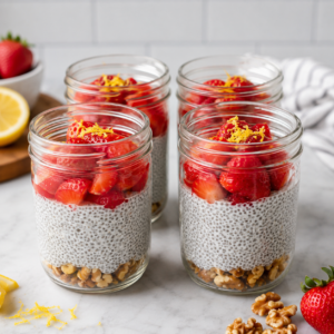 High-protein strawberry cheesecake chia pudding with strawberries and walnuts