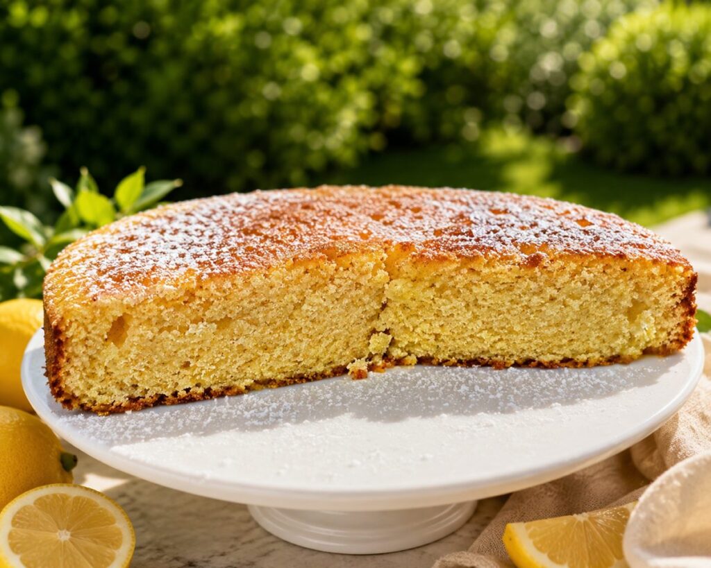 Lemon olive oil cake with Greek yogurt dusted with powdered sugar on a white cake stand