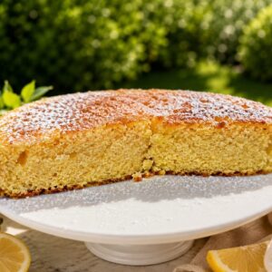 Lemon olive oil cake with Greek yogurt dusted with powdered sugar on a white cake stand