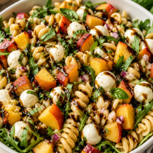 Peach Caprese Pasta Salad made with chickpea pasta, peaches, mozzarella, basil, and balsamic glaze