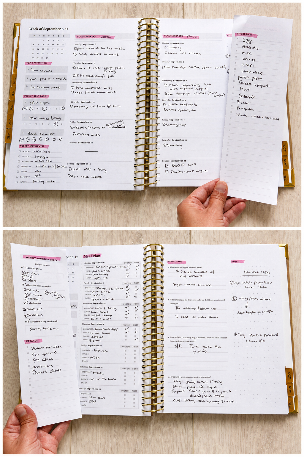 2027 Weekly Planner interior showing the full week and perforated grocery, nutrition, and errands lists