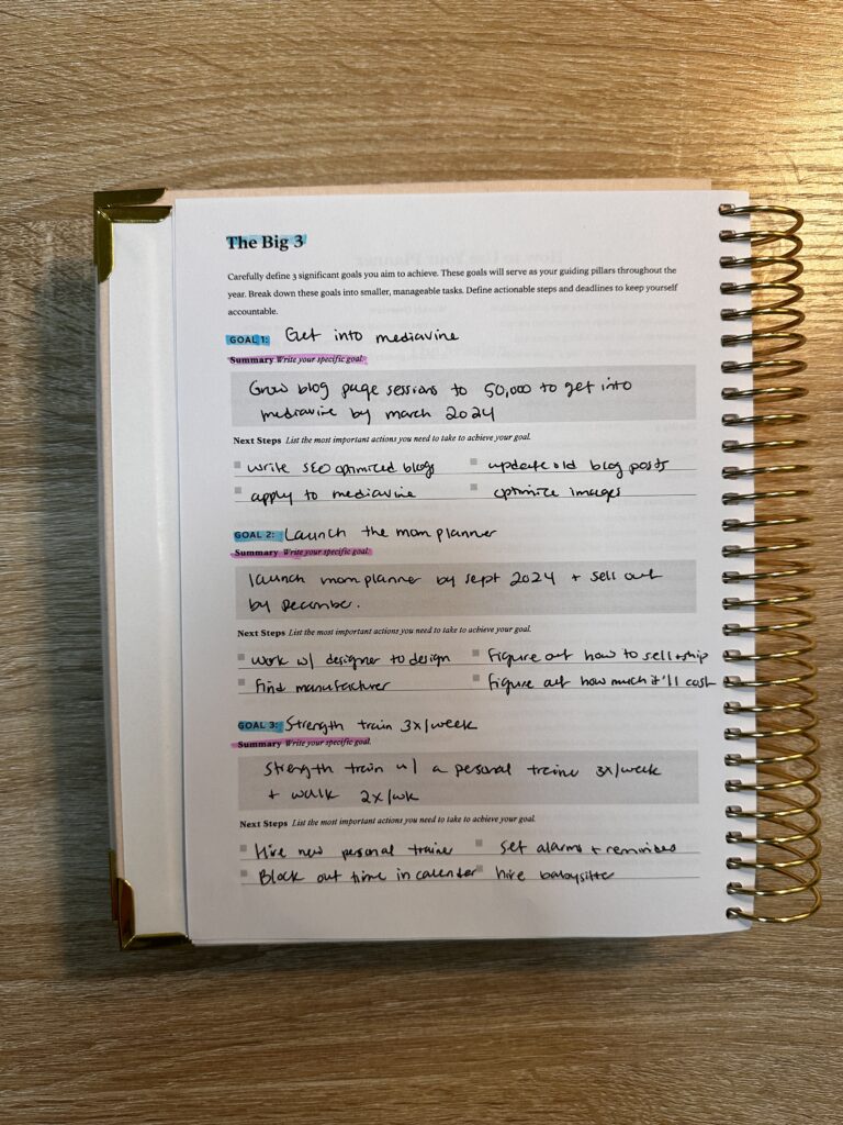 Three big annual goals broken into actionable steps