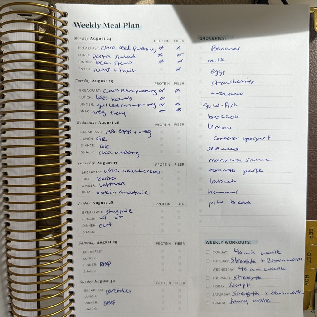 Weekly meal plan and grocery list in a paper planner