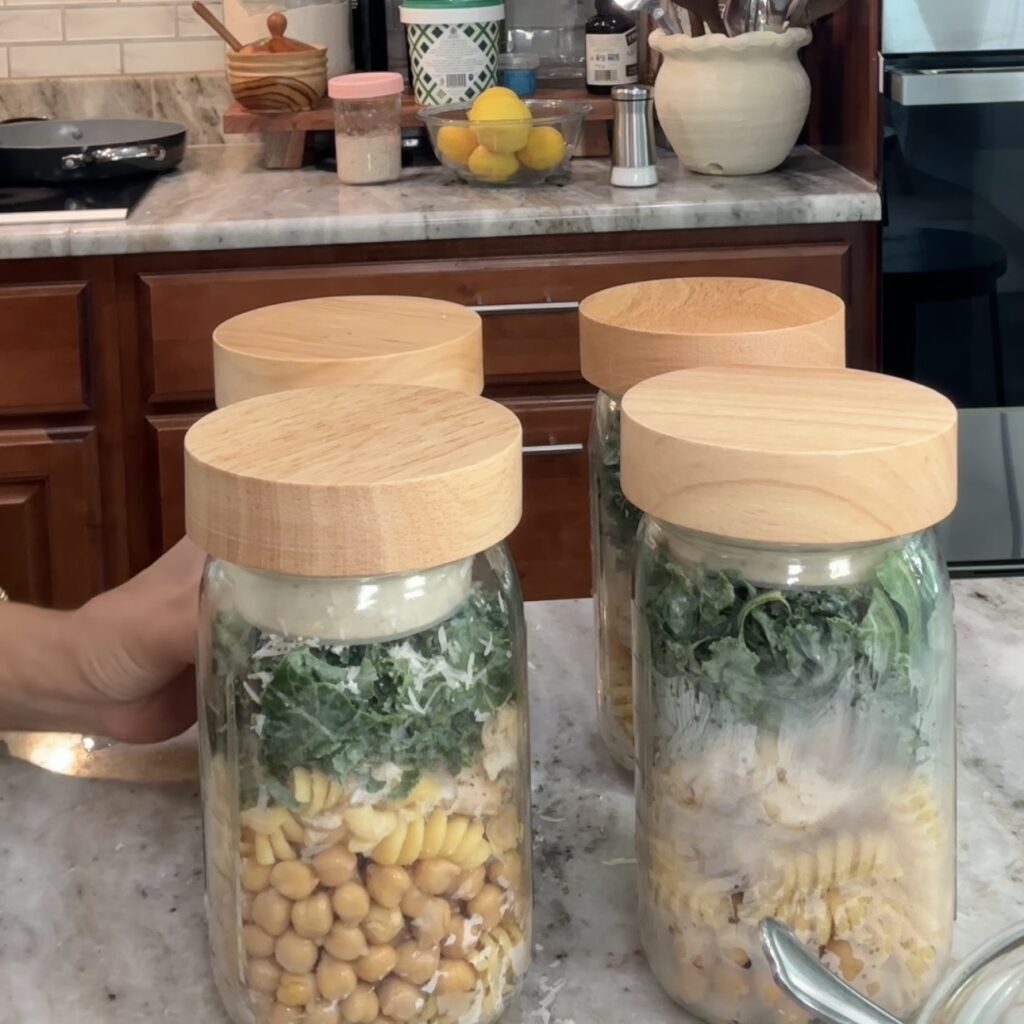 High-protein chicken Caesar pasta salad with chicken, chickpeas, romaine and Parmesan
