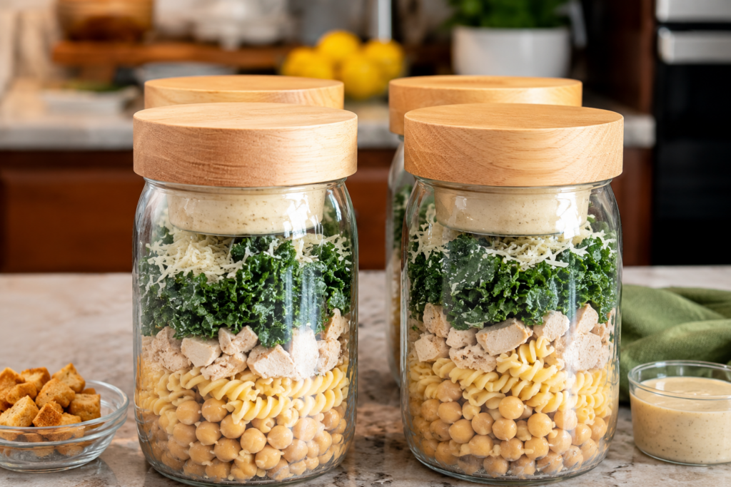 High-protein chicken Caesar pasta salad meal-prep jars with chicken, chickpeas, kale and Parmesan
