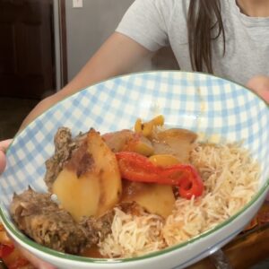 Kafta bil sanieh with Lebanese baked kafta, potatoes, peppers, and vermicelli rice